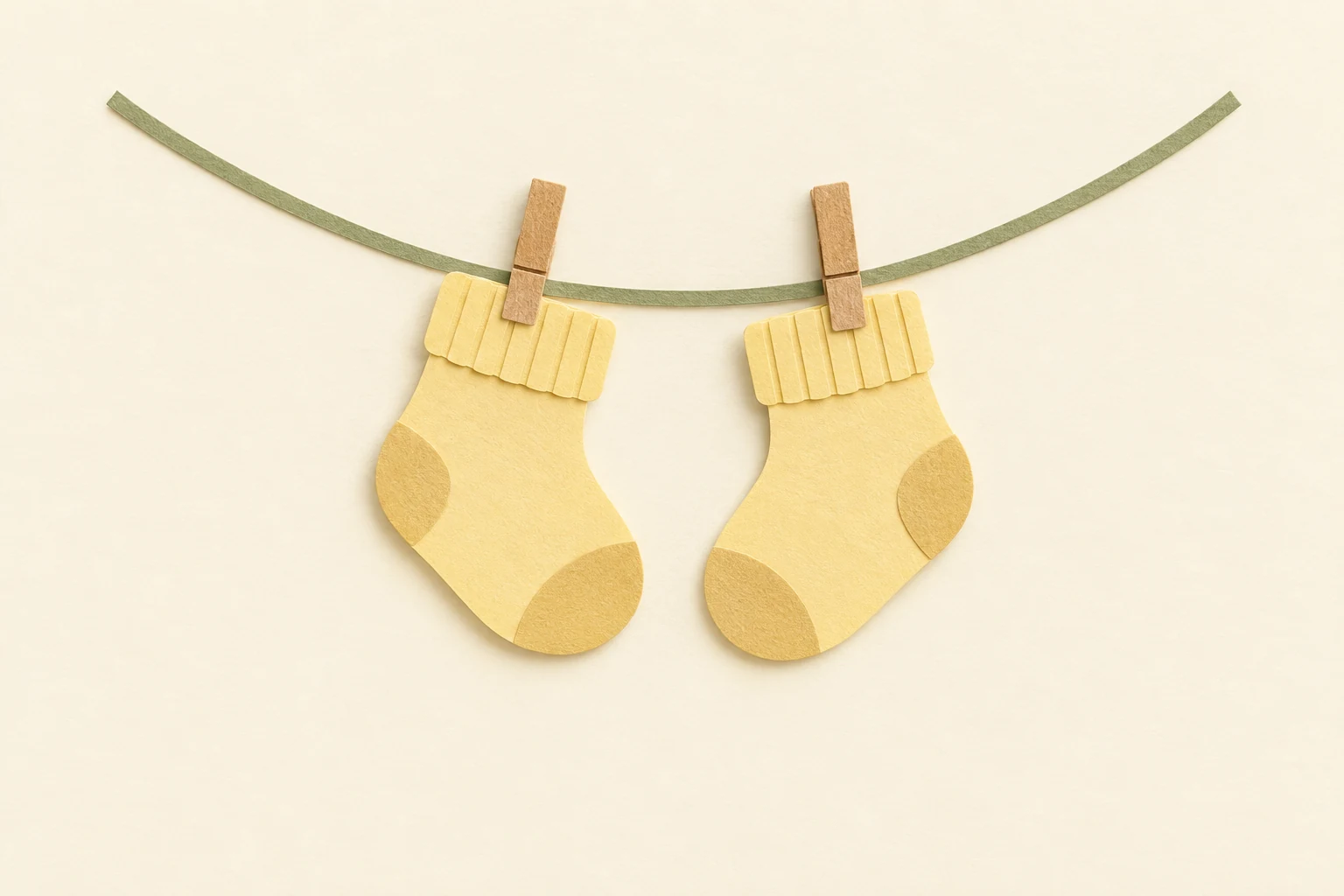 Two tiny yellow paper baby socks on a sage thread.