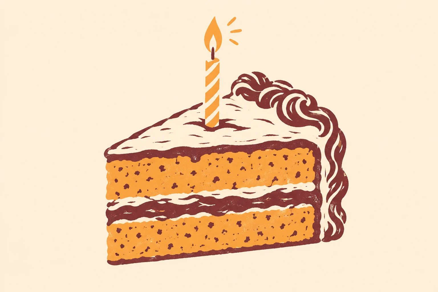 A hand-printed cake slice with a single candle.