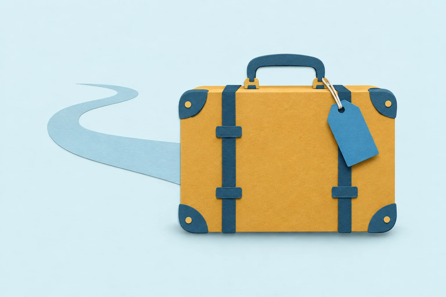An ochre cut-paper suitcase with a blue tag.