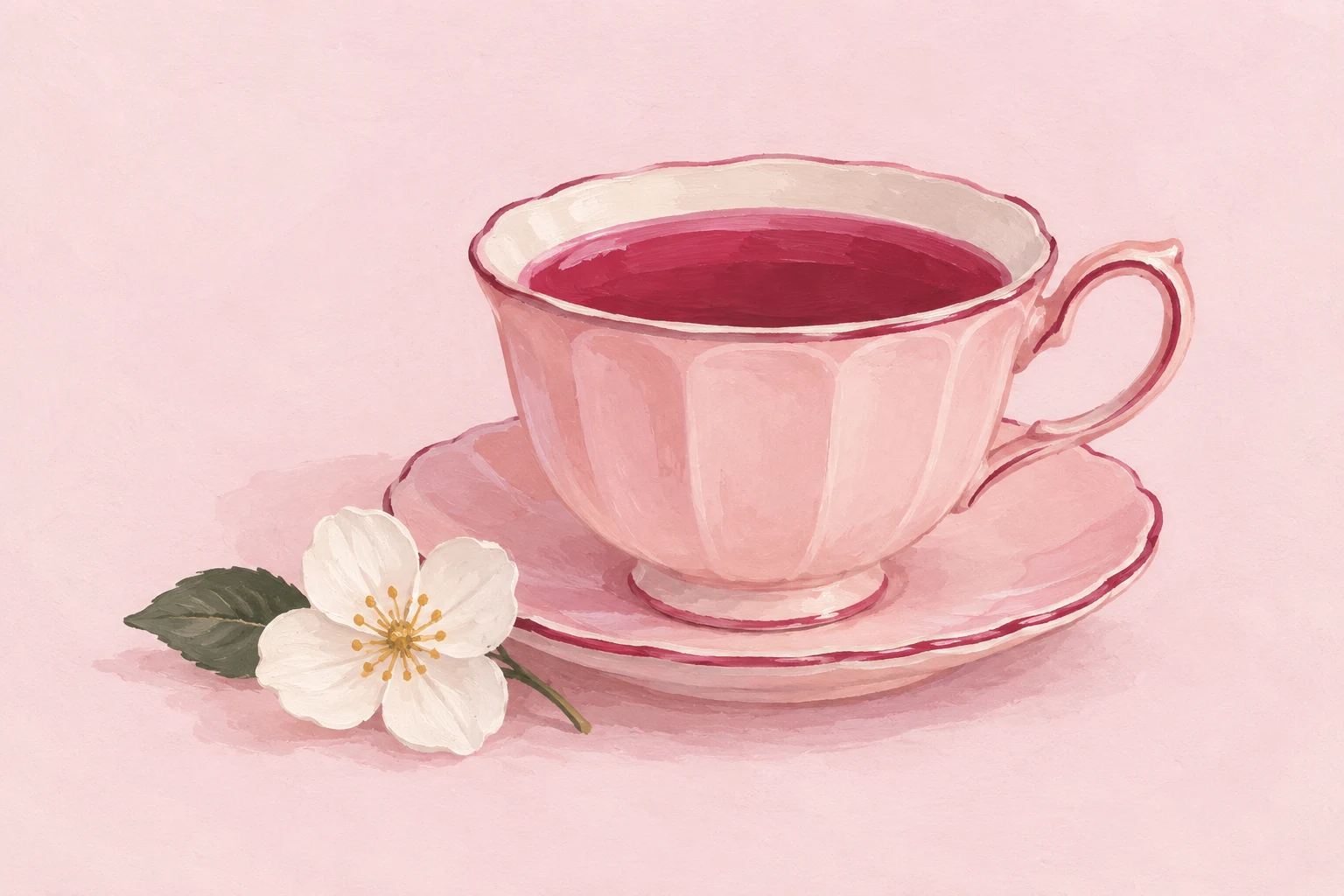 A painted blush teacup beside a single white flower.