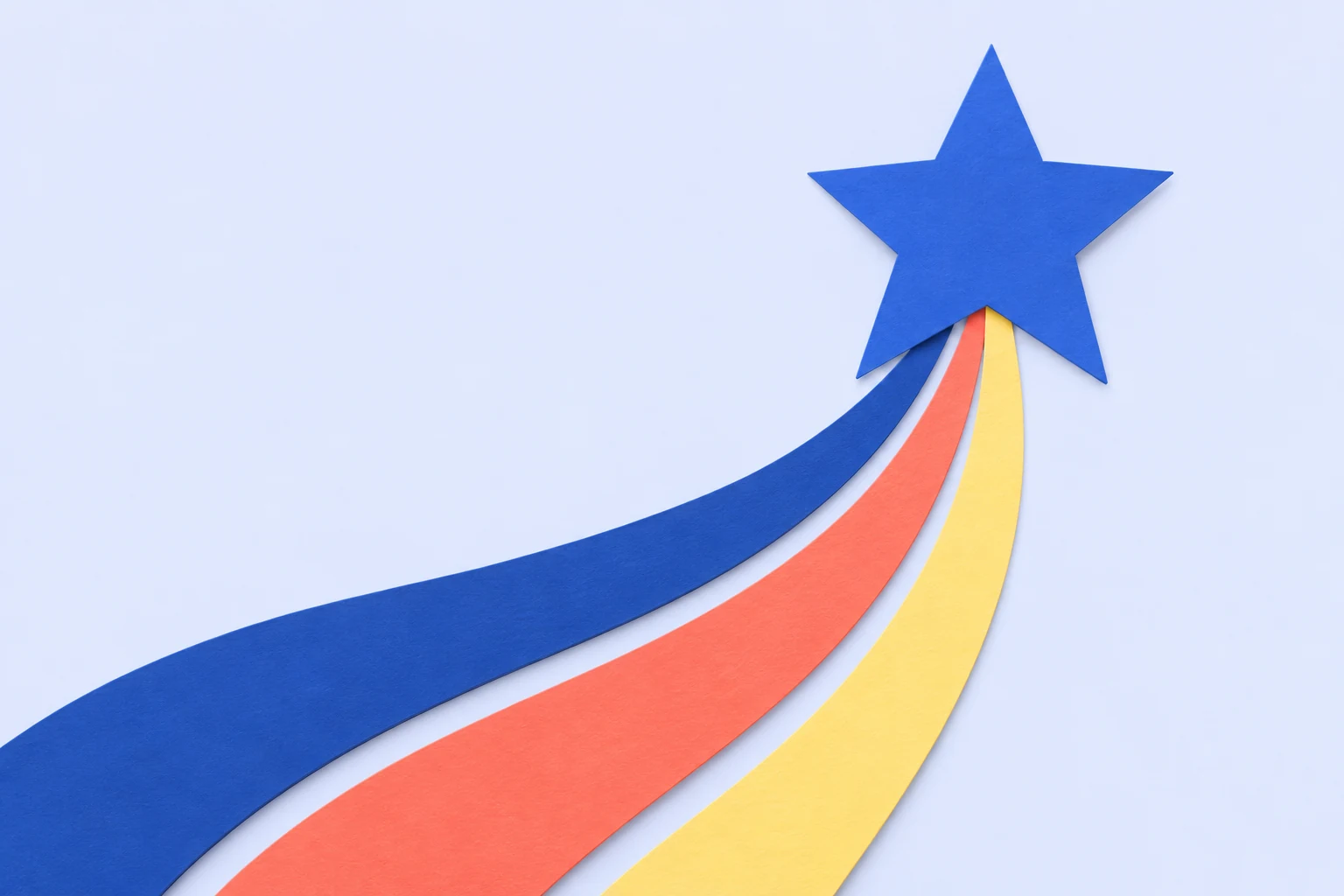 Cut-paper ribbons rise toward one blue star.