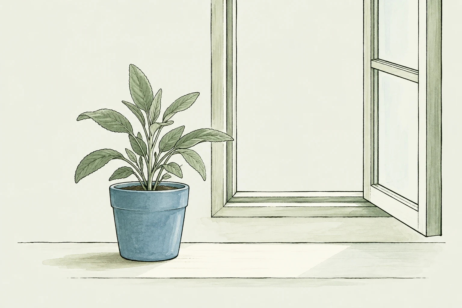 A small plant beside an open window outline.
