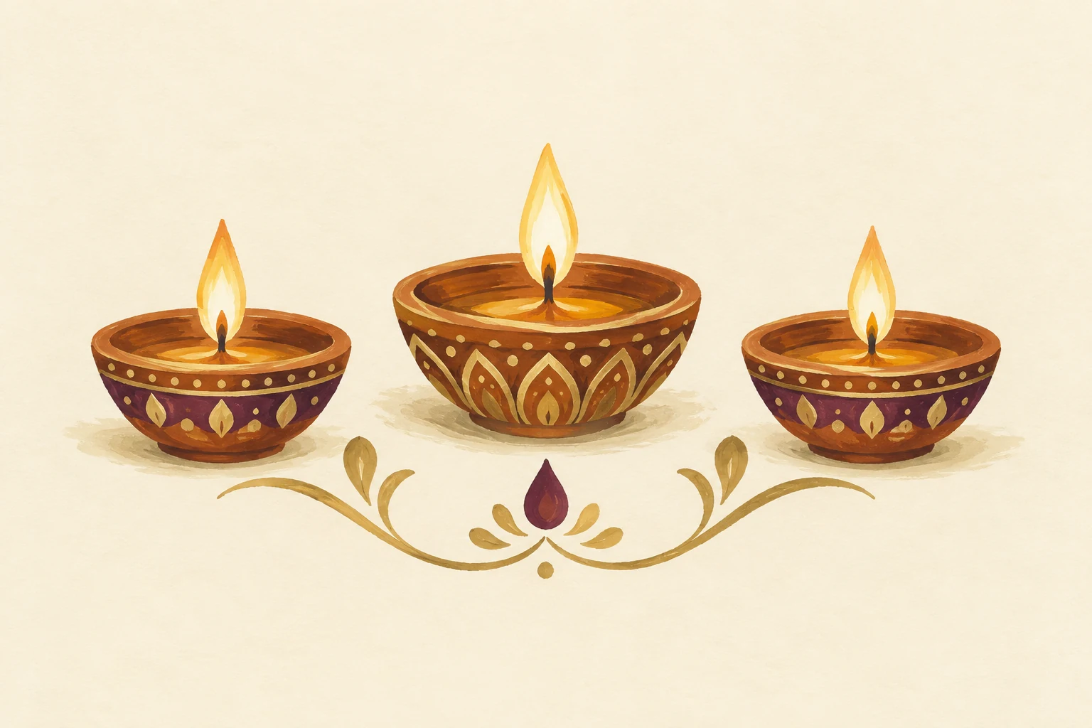Three painted clay diyas with small warm flames.
