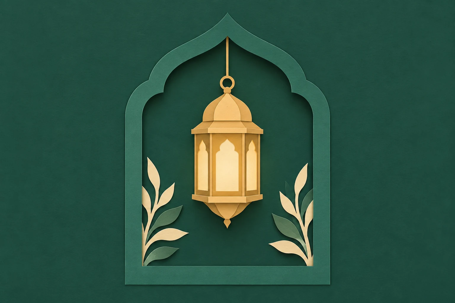 A teal paper arch framing a warm lantern.