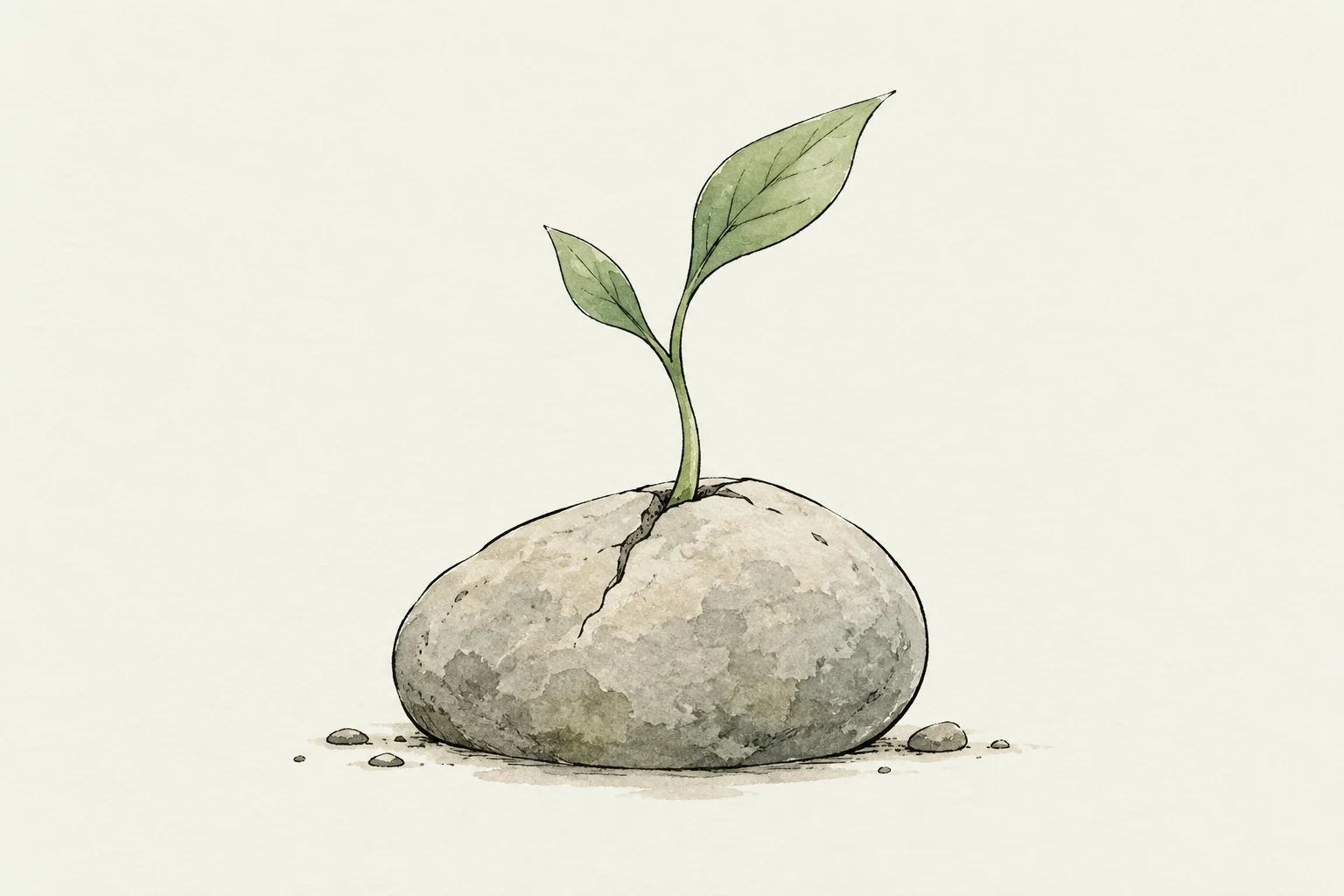 A small ink-and-watercolor shoot beside a pebble.