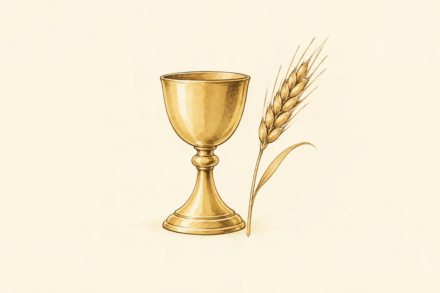 A fine ink drawing of a chalice and wheat stem.