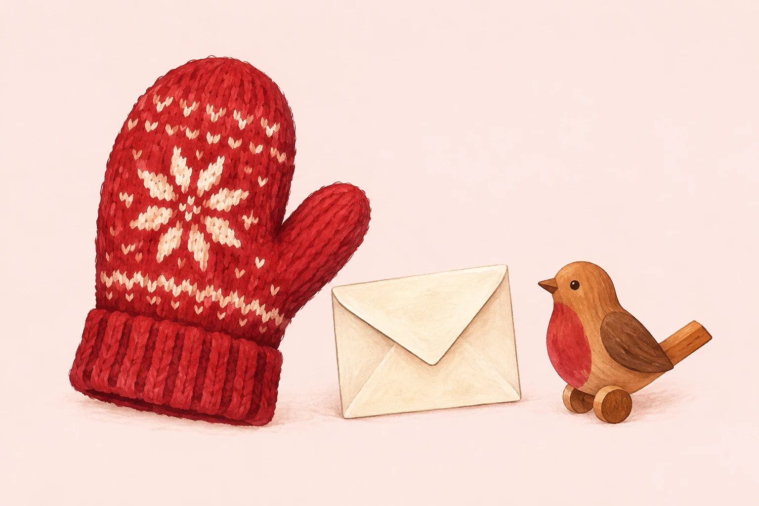 A painted red mitten, cream envelope and wooden bird.