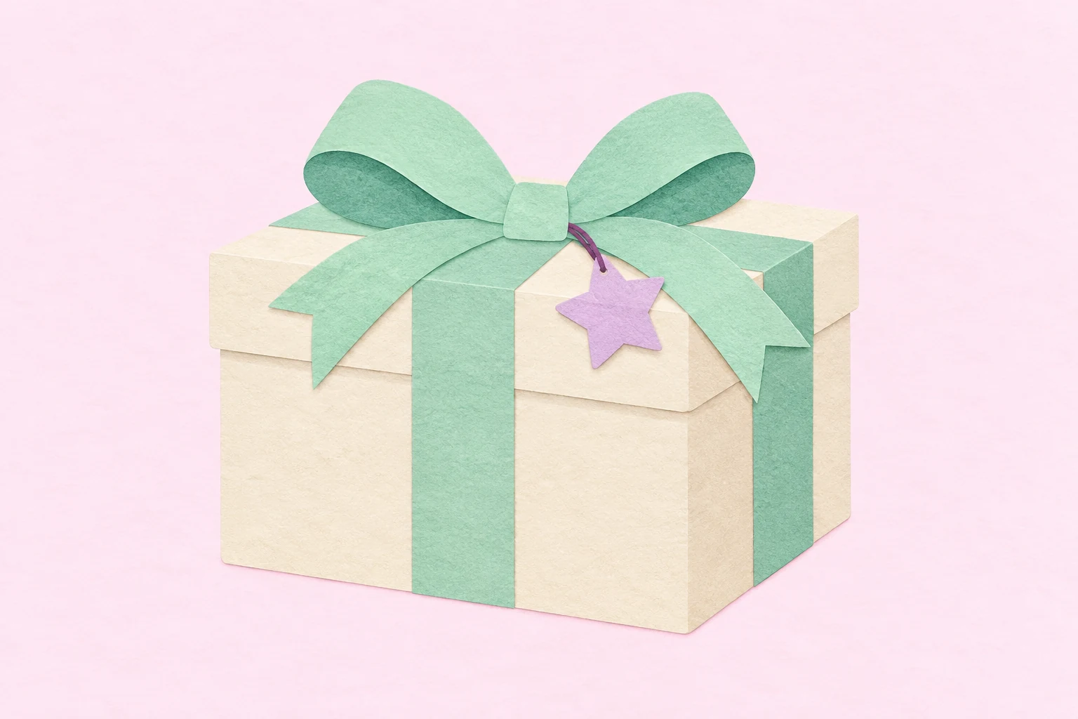 A closed paper gift with a mint ribbon and lavender star.