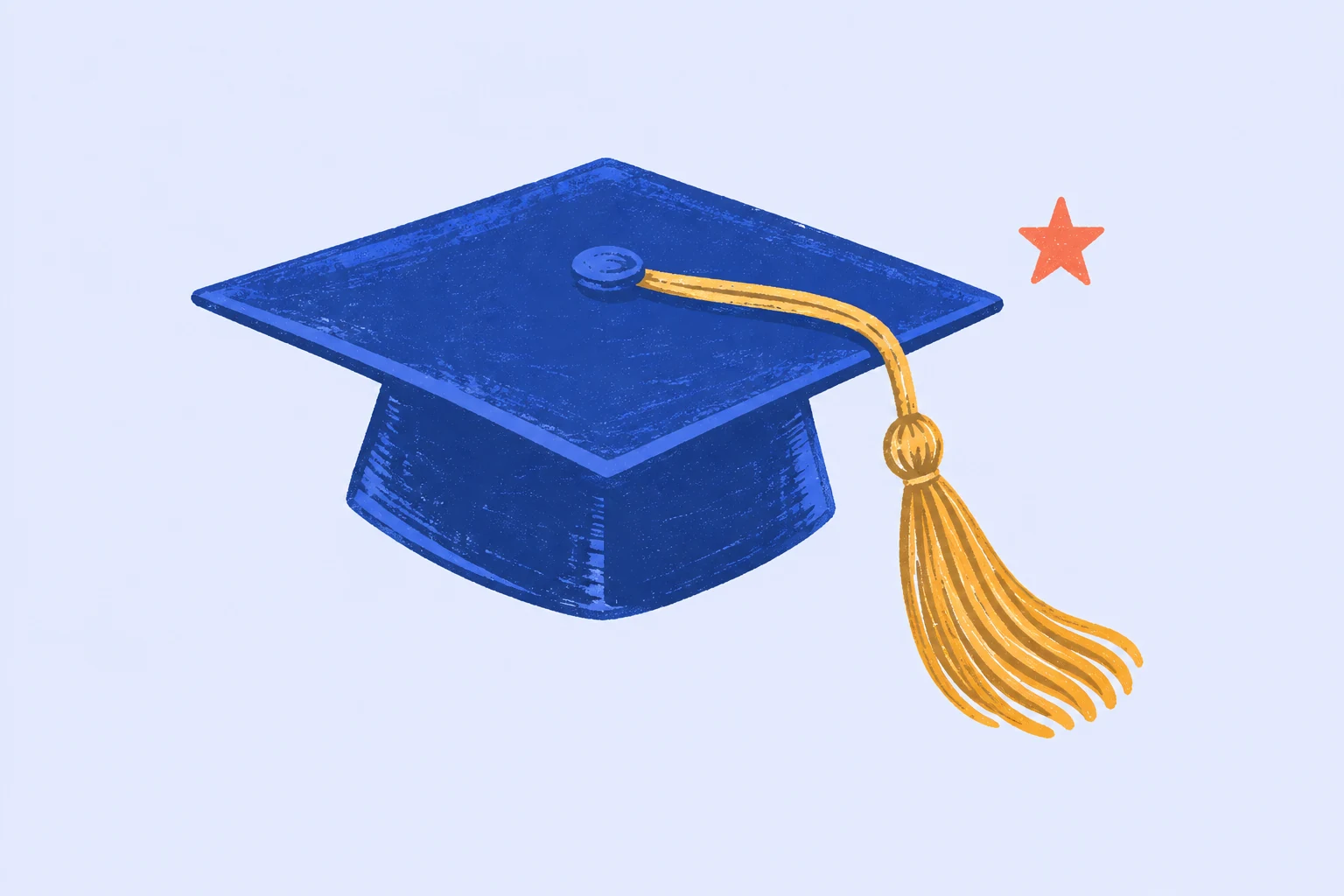 An indigo printed graduation cap with an ochre tassel.