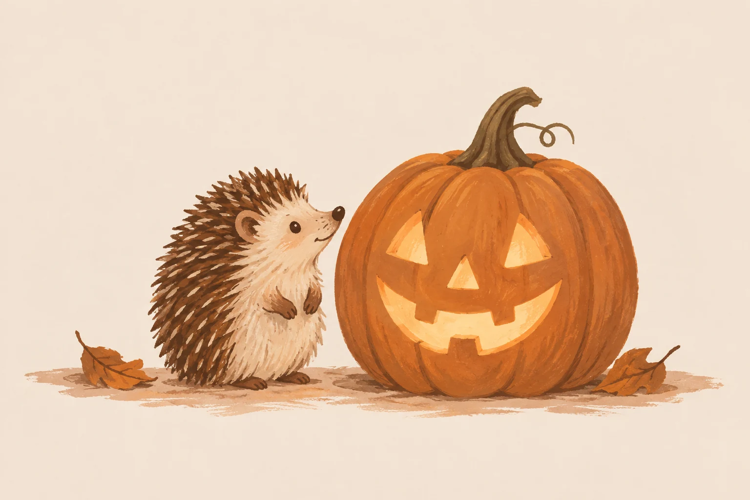 A storybook hedgehog beside a pumpkin lantern.