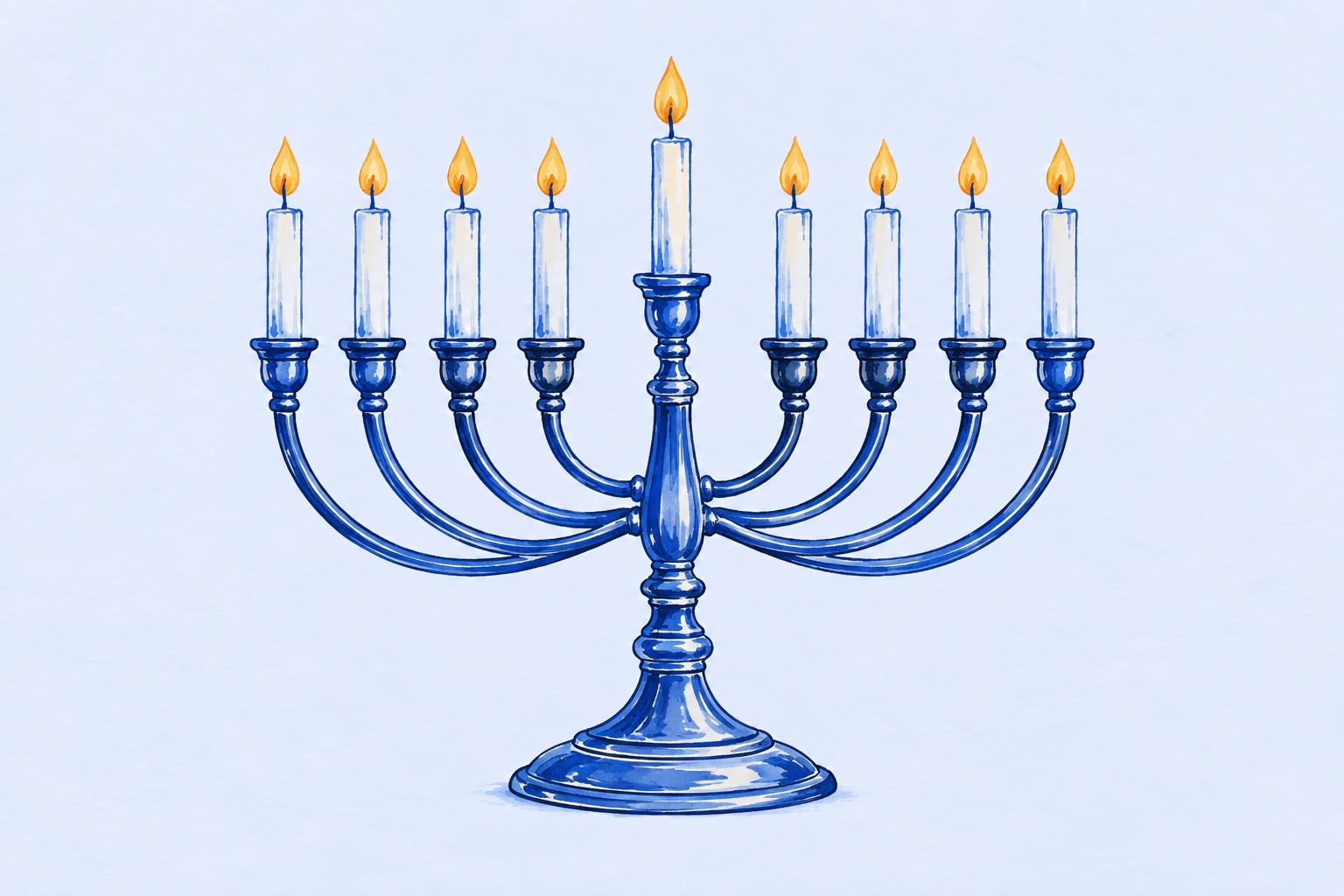 An indigo hanukkiah with eight lights and a raised shamash.