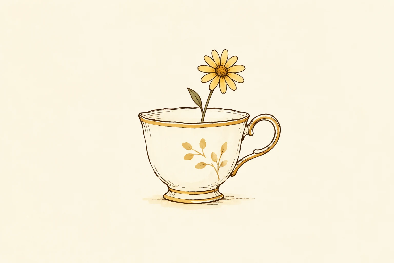 An ink-drawn teacup holding a small daisy.