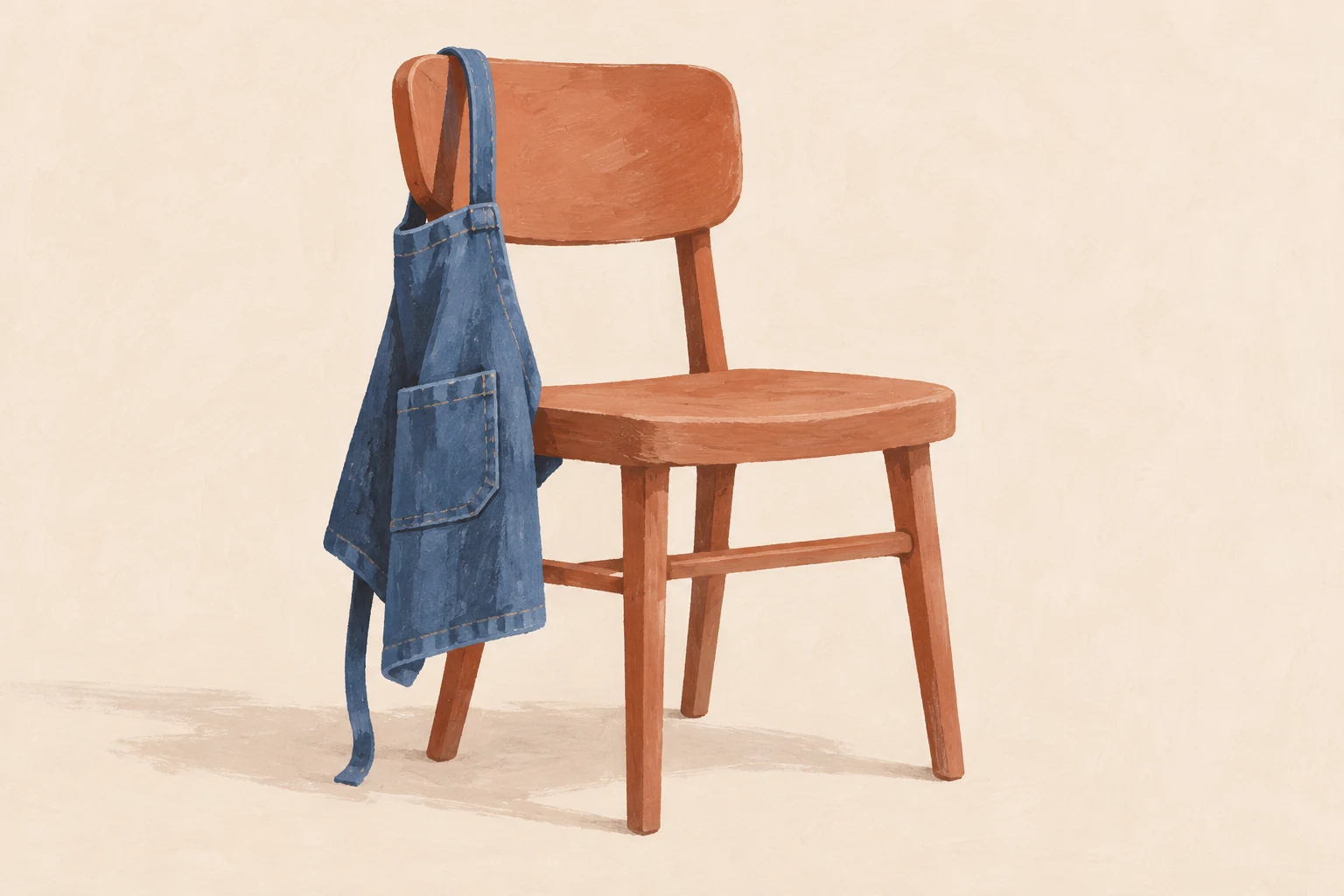 A painted chair with a denim-blue apron.
