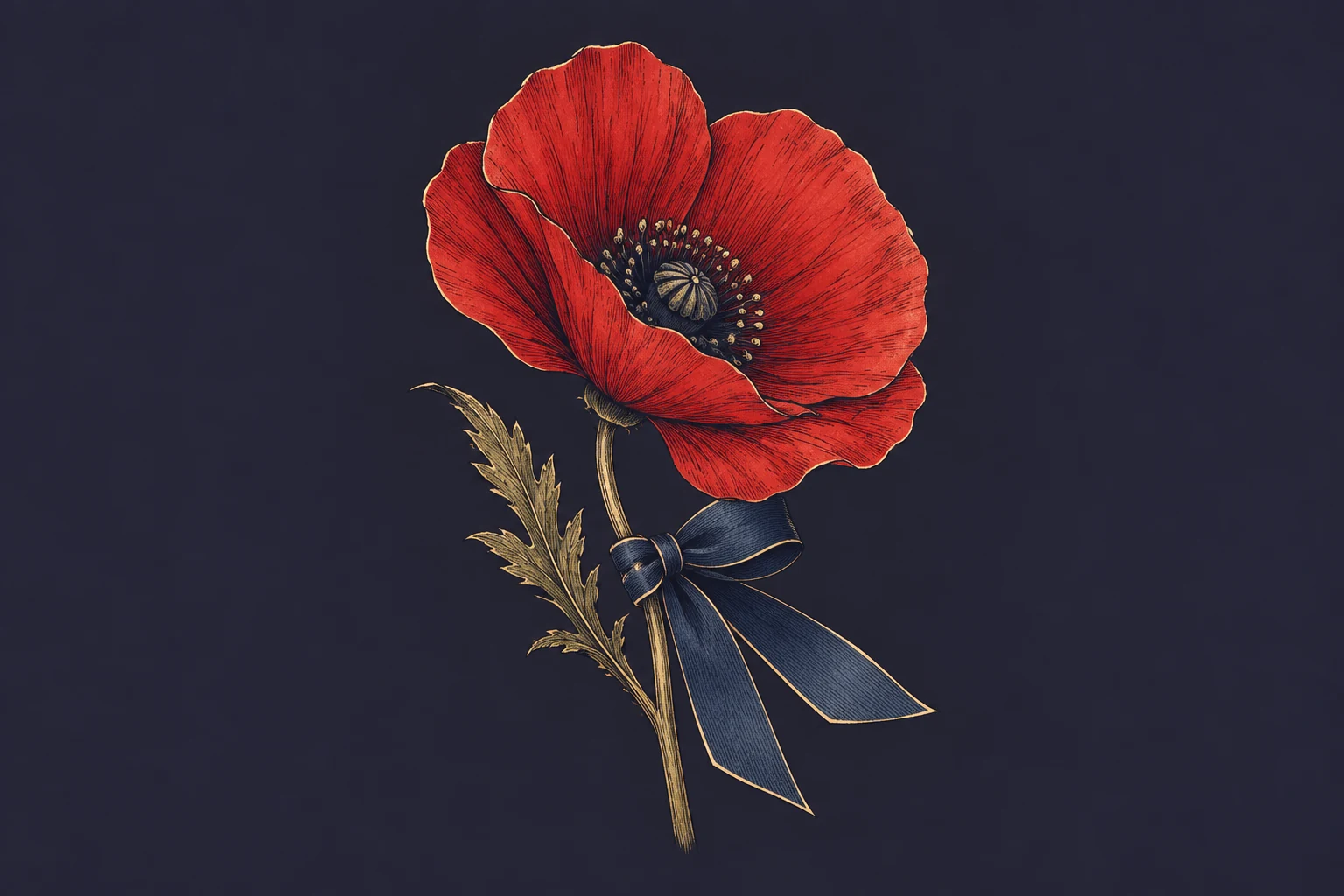 A remembrance poppy beside a folded indigo ribbon.