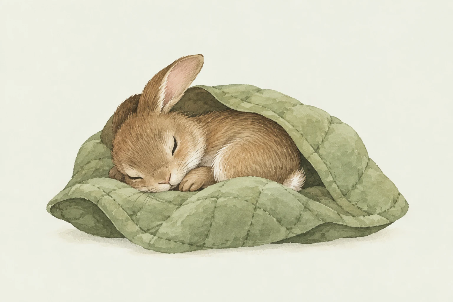A small storybook rabbit sleeping in a green quilt.