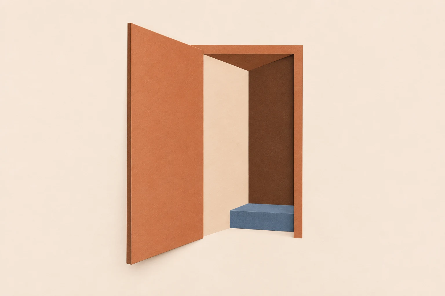 A terracotta paper doorway with a small blue step.