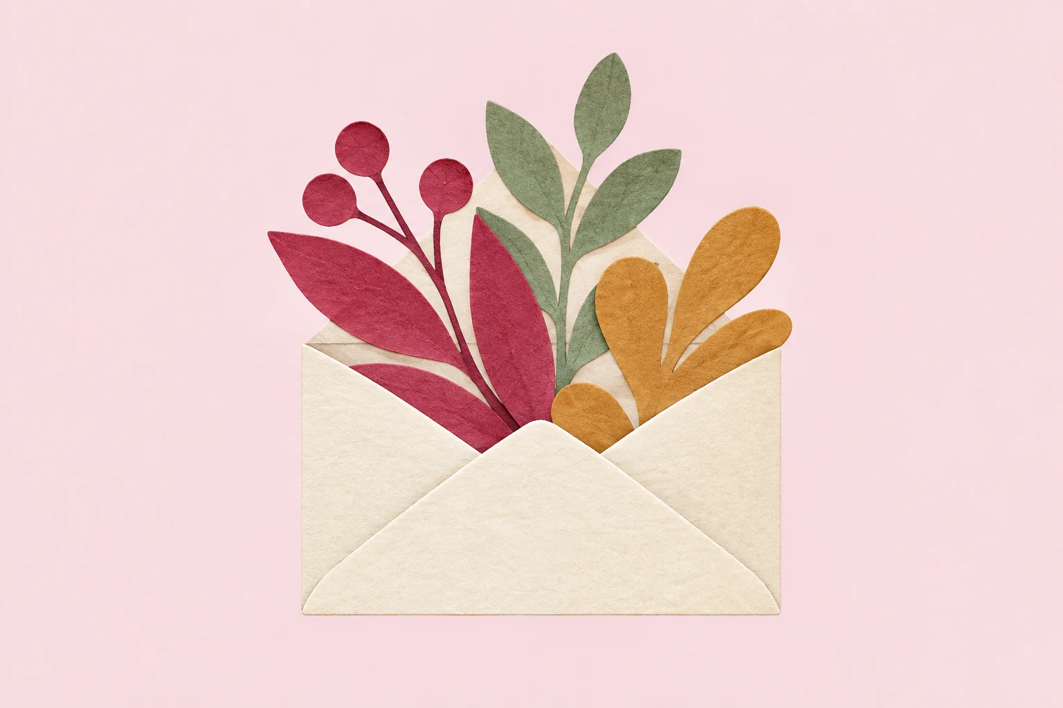 A cream envelope holding a small abstract paper garden.