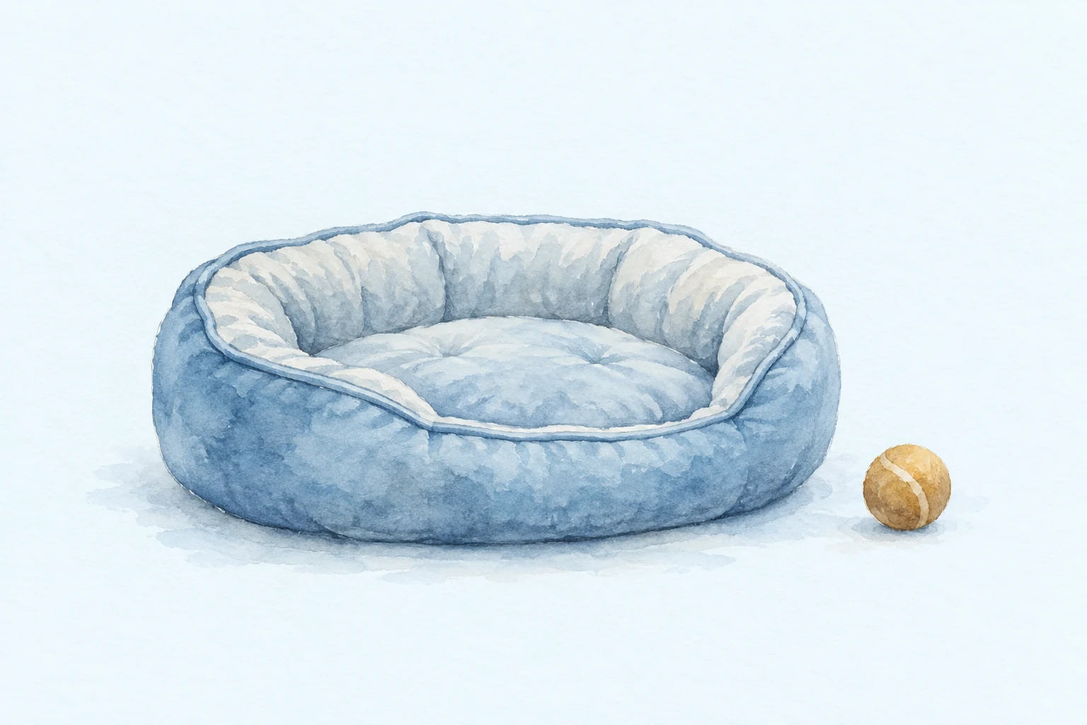 A quiet watercolor pet cushion and small ball.