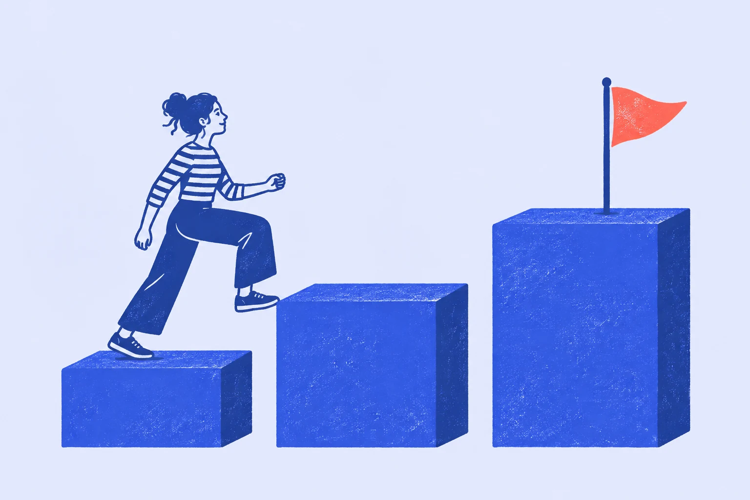 A person walking up three blue printed steps toward a coral flag.
