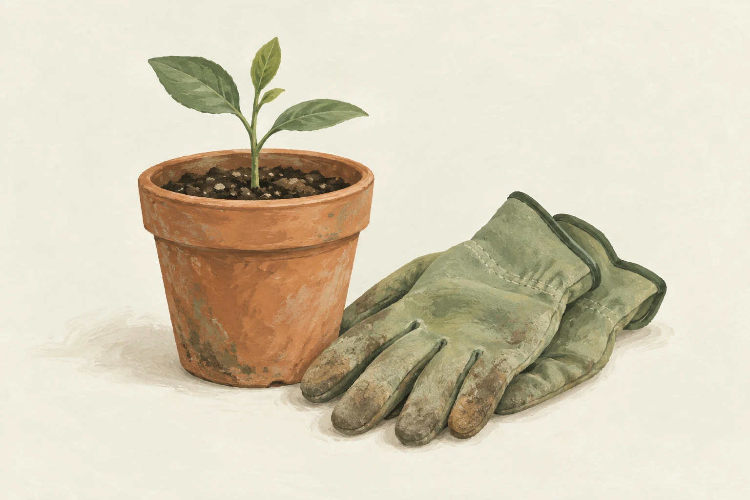 A painted seedling and gardening gloves.