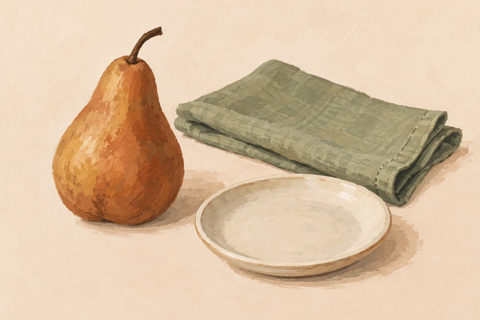 A painted pear, folded napkin and small plate.