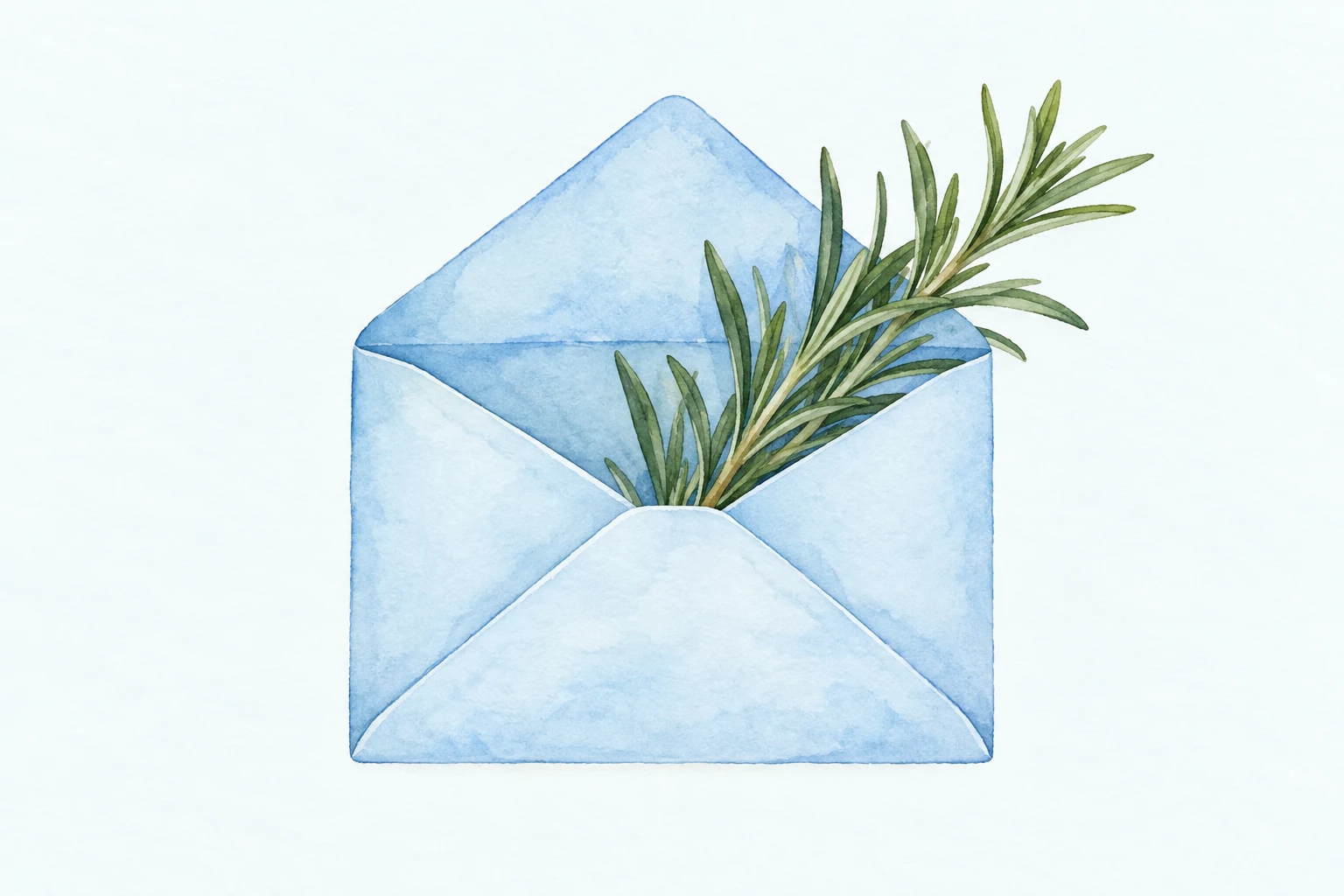 A watercolor envelope with a rosemary sprig.
