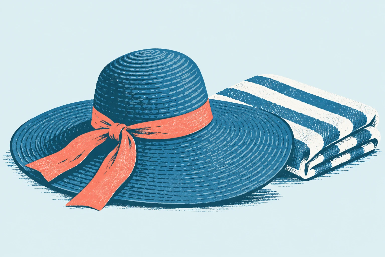 A hand-printed blue sunhat and striped towel.