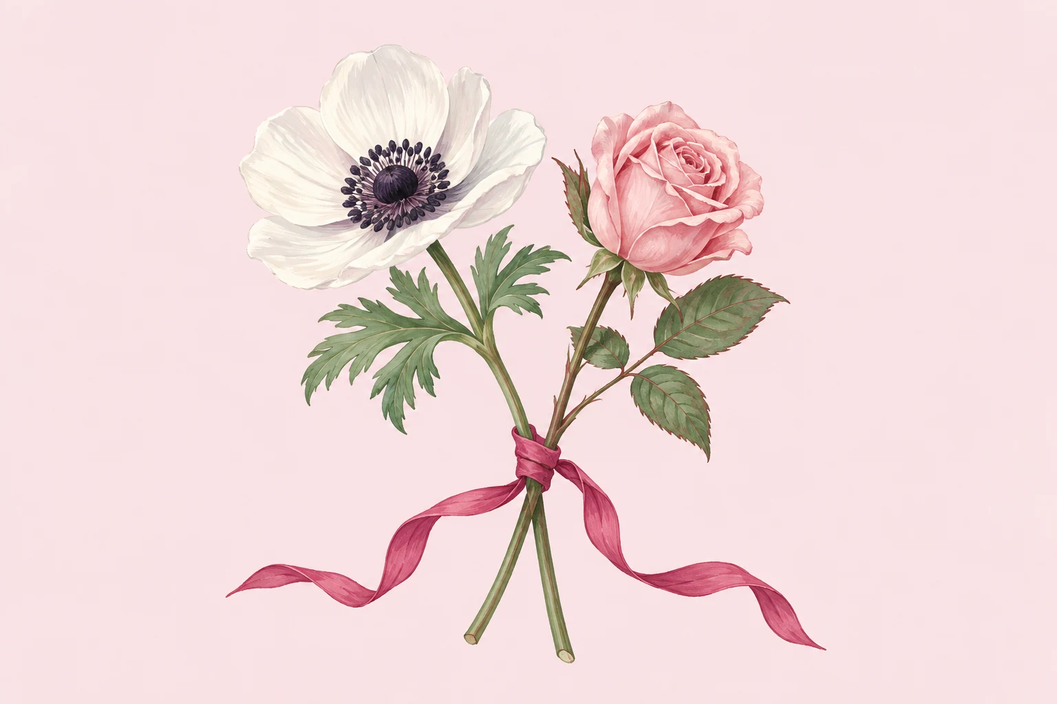 Two botanical flower stems joined by a loose ribbon.