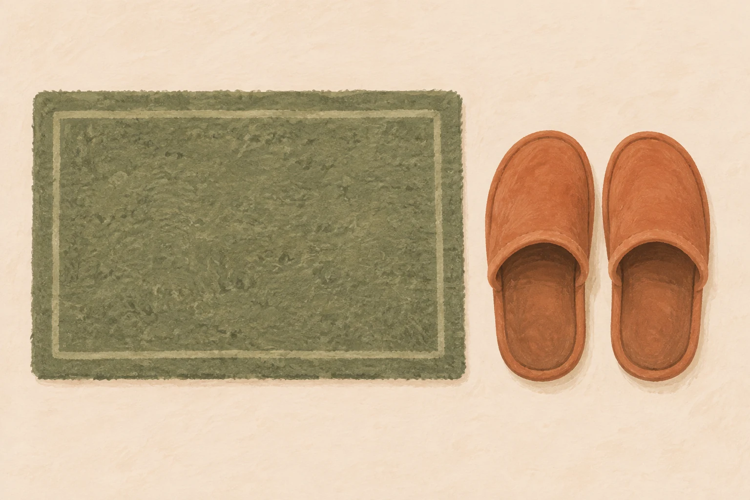A painted pair of slippers beside a small doormat.