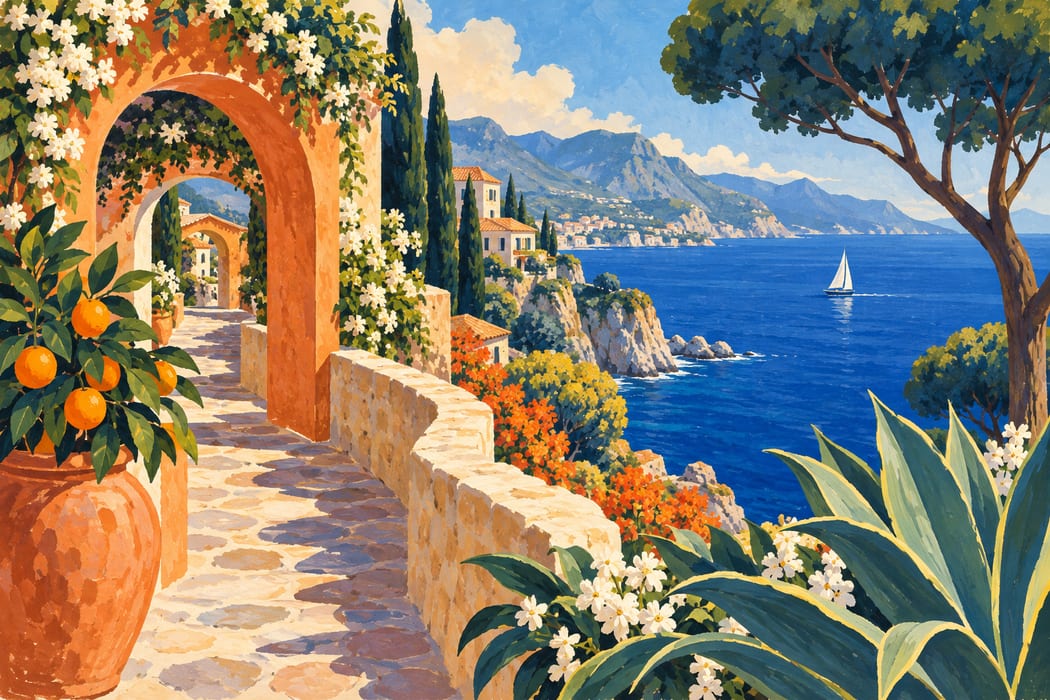 A painted coastal path, terracotta arches and a sailboat on a blue sea.